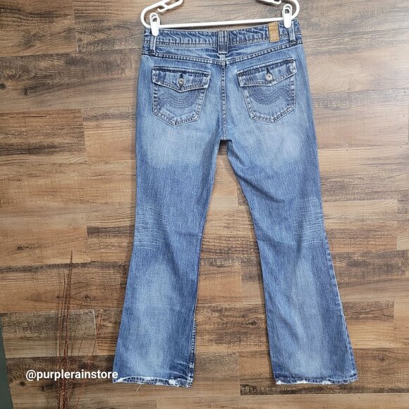 Vtg Maurices Jeans 10 Flare Mid Rise Button Flap Thick Stitch Boho Western - Picture 2 of 12